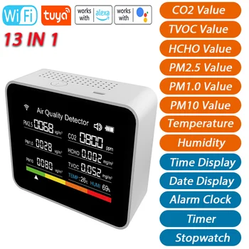 13 1 Tuya WIFI Oro Kokybei Stebėti, CO2 Detektoriai, CO2/TVOC/HCHO/KD2.5/PM1.0/KD10/Temperatūros/Drėgmės/Laikas/Data/Žadintuvas/Laikmatis