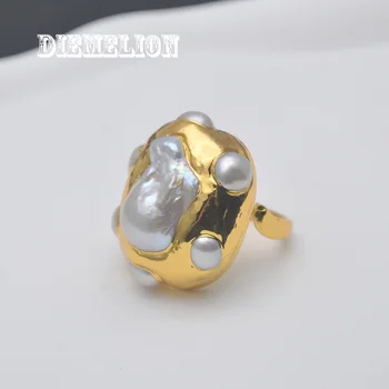 1pc Naujas Mados Natūralūs Gėlo vandens Baroko Perlas Žiedai Moterims, 18K Auksu keičiamo dydžio Didelis Perlų Žiedas Moterų Fine Jewelry