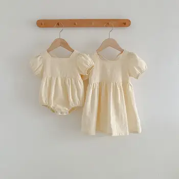 2023 Karšto Sluoksniuotos Rankovėmis Baby Girl Dress drabužiai Drabužiai Vaikams, Vaikams, Kieto Smėlio Vasaros korėjos Atsitiktinis Saldus Medvilnės Suknelė