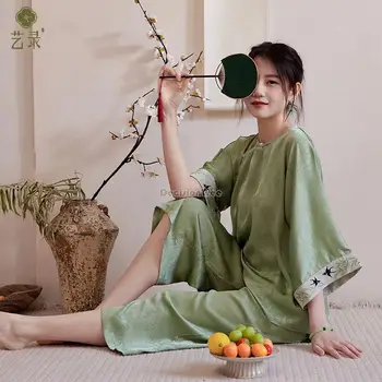 2023 kinijos retro laisvalaikio stiliaus moterų namų suknelė hald rankovės viršuje prarasti elastinga juosmens kelnes dviejų dalių hanfu pižama nustatyti s313