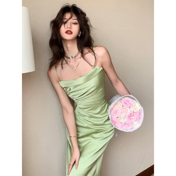 2023 Seksualus Pupelių Green Satino Suknelė su Plyšio Juosmens Lieknėjimo Nereguliarus Stebėjimo Diržas Suknelė Sexy Suknelė Vasaros Suknelė Elegantiškas Suknelė