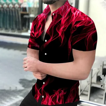 2023 Vasaros Nauji vyriški Marškiniai Mados Atsitiktinis Kvėpuojantis 3D Spausdinimo Liepsna Laisvas ilgomis Rankovėmis Marškinėliai Mygtuką Vyrų Negabaritinių Viršūnės