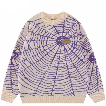 2023 Vyrų Streetwear Megztinis Hipster Spider Web Grafikos Hip-Hop Megzti Megztinis Atsitiktinis Laisvas Megztinis Megztinis Juoda, Violetinė