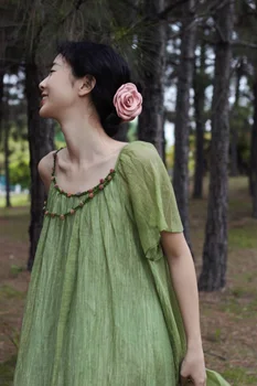 96-104cm Krūtinės / Pavasario Vasaros Moterų Prarasti Elegantiškas Pasakų Senovinių graikų Stiliaus Flowy Medvilnės Žalios Suknelės