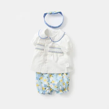 Baby Girl Šortai Tiktų Vasaros Kūdikiams, Vaikams, Balta & Light Blue Gėlių Kelnės 2 Vnt Drabužių Nustatyti Vaiko Minkštos Medvilnės Atsitiktinis Outwear