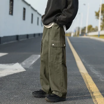 Didelės kišenės atsitiktinis krovinių kelnės vyrams gatvės garsus derliaus kelnės hip-hop darbo drabužių mados prarasti tiesiai pločio kojų kelnės vyrams