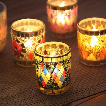 Europos stiliaus rankų darbo mozaika mažosios taurės formos stiklo žvakidė romantiška vakarienė žvakių šviesoje baras apdailos dekoracijas ir gif