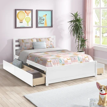 Full Size lova Medienos Platforma Lovos Rėmas su Galvūgalio ir keturi stalčiai，Šiuolaikinio Lova paprasta lova jaunimo, suaugusiųjų miegamasis