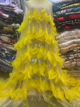 Gali Nėrinių Afrikos 3D Plunksnų Nėrinių Audinys, Aukštos Kokybės Siuvinėjimui prancūzijos Blizgančiais Nėrinių Audinio Nigerijos Vestuvės Suknelės