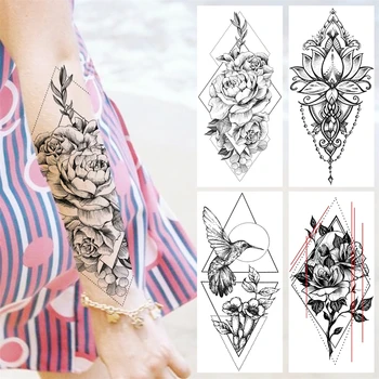 Geometrijos Bijūnas Gėlių Laikinos Tatuiruotės Moterys Suaugusiųjų Hummingbird Kaukolė Lotus Pakabukas Netikrą Tatuiruotės Arm Juosmens Vandeniui Tatoos