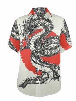 Harajuku Mada Derliaus Mygtuką Streetwear Vyrų Havajų Trumpas Rankovės Marškinėliai Dragon Spausdinti Palaidinė