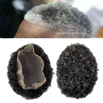 Indijos Mergelės Žmogaus Plaukų Gabalas 4mm Afro Toupee #1Grey Visiškai Nėrinių Vienetų Juodas Vyras
