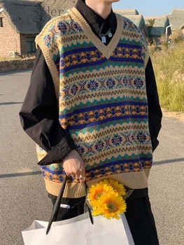 Japonijos Retro Megztus Liemenė Vyrų Tendencija Etninės Stiliaus Madinga Negabaritinių Viršuje Gražus Streetwear V-kaklo Džemperis Undershirt