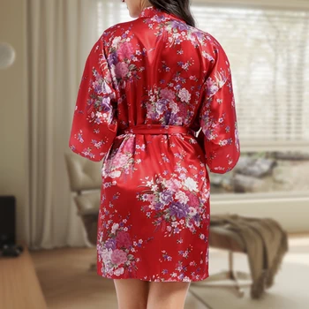 Japonų Stiliaus Gėlių Spausdinti Kimono Pižamą Ponios Vasaros Megztinis Skraiste Tradicinių Užrišti Ilgomis Rankovėmis Atostogų Apranga