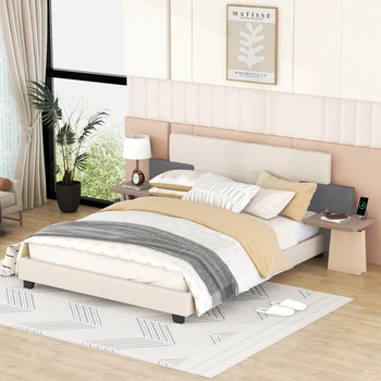 Karalienės Dydžio lova,Minkšti baldai Platforma Lova su Naktiniai staleliai, Lentynos ir USB Įkrovimo Dizaino,Modernus, stilingas lova jaunimo lova suaugusiųjų lova