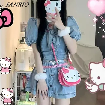 Kawaii Sanrio Hello Kitty Trumpais Sijonais Moterų Animacinių Filmų Anime Mėlyna Džinsinio Audinio Aukšto Juosmens Spausdinti Mygtuką Seksualus Burbulas Rankovės Viršuje, Sijonas Rinkinys