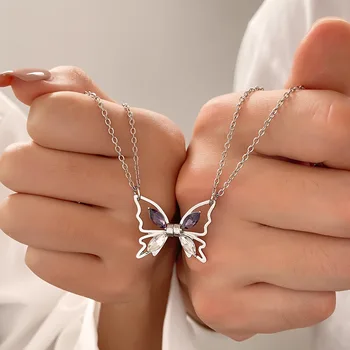 Korėjos Mados Crystal Butterfly Karoliai Nustatyti Nerūdijančio Plieno Magnetinis Pakabukas Grandinės Karoliai Moterų Geriausiais Draugais Poroms