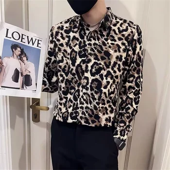 Leopardas spausdinti marškiniai vyrams, ilgomis rankovėmis slim fit ne su rudens marškinėliai šviesiai prabangūs vyriški 2023 naujas mados prekės ženklo asmenybės inc
