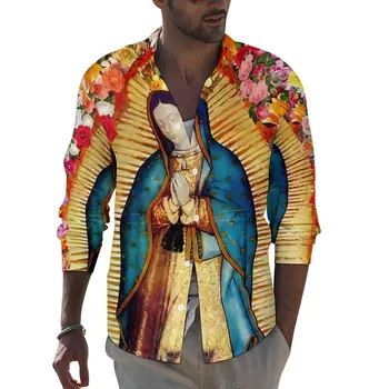 Meksikos Mergelės Marijos Marškinėliai Our Lady of Guadalupe Atsitiktinis Marškinėliai ilgomis Rankovėmis Atspausdintas Y2K Palaidinės Rudens Mados Drabužių, Negabaritinių