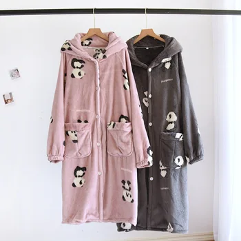 Mielas Panda Chalatą su Gobtuvu Pora Žiemą Flanelė Sleepwear naktiniai drabužiai Laisvi Pižamą su Kišenėje Prarasti Loungewear Homewear