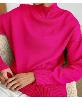 Moteris Baudą Megzti Kietas Golfo Megztinis Šiltas, Minkštas Rose Red Negabaritinių Knitwears Puloveriai Moterų Žiemos Viršuje Laisvi Megztiniai