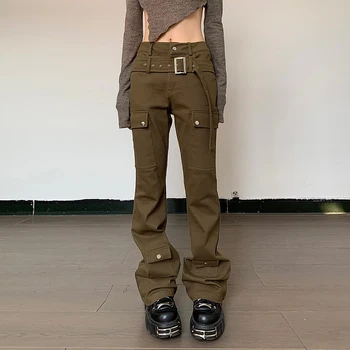 Moterų Džinsai Krovinių Kelnės Su Diržu, Visas Ilgis Prašmatnus korėjos Streetwear Bell-dugnas Atsitiktinis Derliaus Slim Ruožas Džinsinio audinio Kelnės