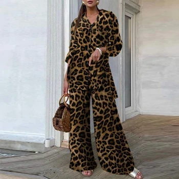 Moterų Leopardas Spausdinti Pajama Nustatyti Laisvas ilgomis Rankovėmis Pavasario Ponios Sleepwear 2 Vnt su Ziajać Vieną Krūtinėmis Pijama Moterų
