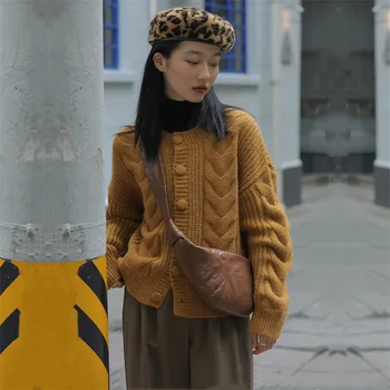 Moterų megztinis rudenį ir žiemą naujas korėjiečių Kepti Tešloje Posūkiais retro tingus stiliaus mezgimo megztinis