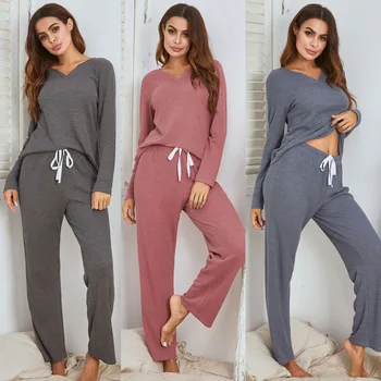 pižama moterims,, rudens ir žiemos vientisos spalvos ilgomis rankovėmis loungewear megzti pliurpalas housewear dviejų dalių rinkiniai moterų sleepwear