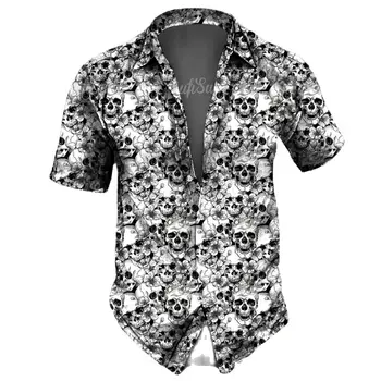 Retro Marškinėliai Žmogaus Kaukolė Atvartas, VYRIŠKI Marškiniai, Siaubo 3d Spausdinimo Atsitiktinis Havajų Marškinėliai Vyras Gatvėje Mygtuką, trumpomis Rankovėmis, Vyrų Drabužiai