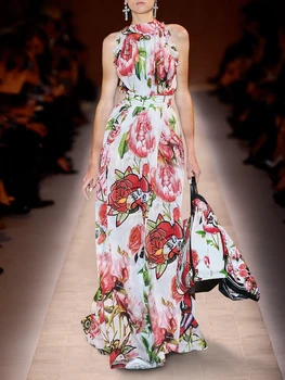 Vasaros Mados Moterų Suknelė 2023 Naujas Šifono Spausdinti Gėlių, Medienos Ausies Sūpynės Ilga Suknelė Nemokamas Pristatymas