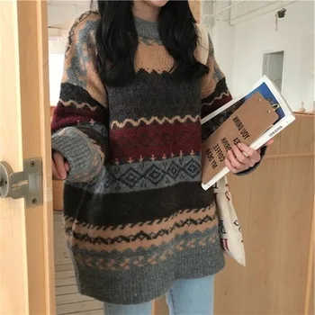Vintage Megztinis Moterims Megztų Megztinių Žiemos Dryžuotas Megztinis Atsitiktinis Negabaritinių Megztiniai Ponios Ilgomis Rankovėmis Trikotažas Šiltas Viršūnės