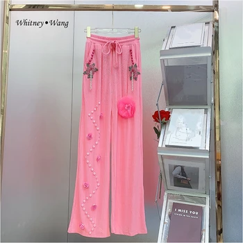 WHITNEY WANG Dizaineris Stiliaus 2023 Rudens Mados Streetwear 3D Gėlių Rhinstones Kelnės Moterims
