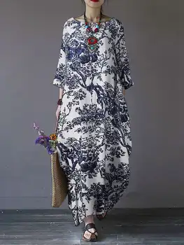 ZANZEA Moterų Mados Gėlių Spausdinti Suknelė Rudenį, O Kaklo, ilgomis Rankovėmis Sundress Bohemijos Vintage Drabužius Atsitiktinis Palaidų Atostogų Suknelės