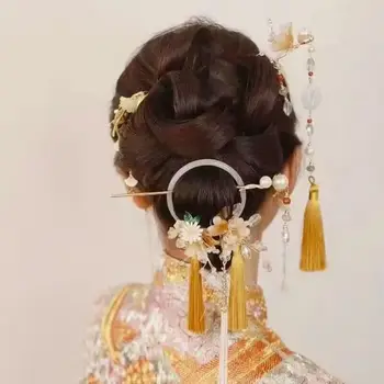 Moterų Glasss Apelsinų Žiedų Su Dvigubo Pakraštyje Hairstick Auskarai 5vnt Nustatyti Kinų Vestuvių Plaukų Papuošalai